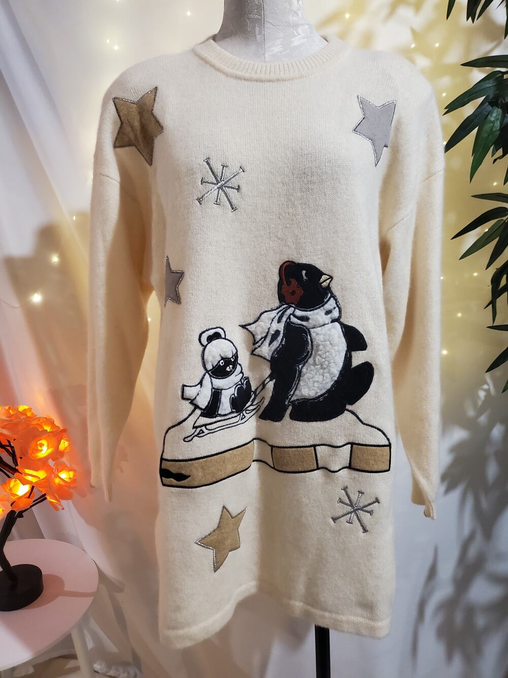 Shops On Board Vintage Lambswool Angora Penguin Star Tunic Sweater Womens L